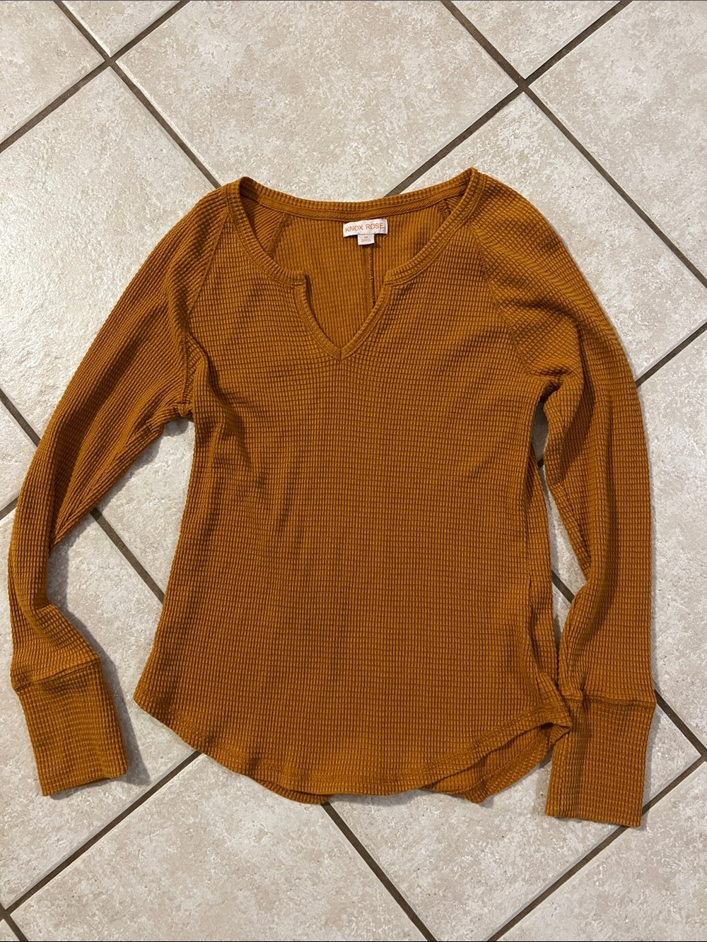 Knox Rose Long Sleeve Waffle Knit Top in Mustard Brown